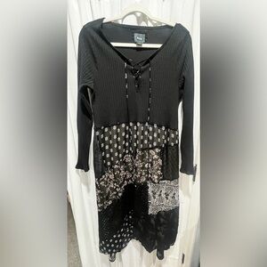 Anthropologie by Maeve Black Patch Work and Lace Midi Dress Boho Chic